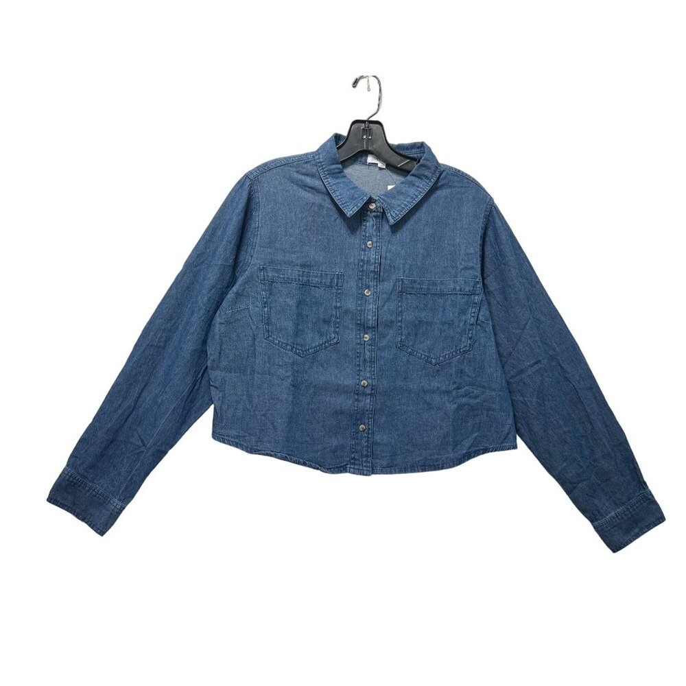 Sweet Envy - Women's Chambray Long Sleeve Button Down Shirt With Pockets -Blue-L
